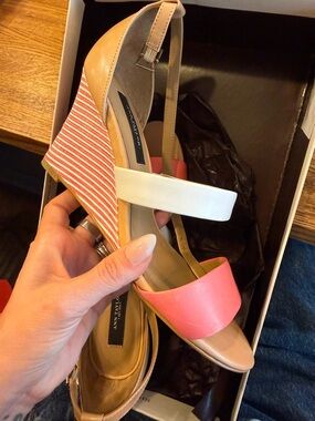 Ann Taylor Coral, White & Tan Striped Wedge Sandals